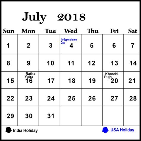 July 2018 Calendar Printable Template Holidays Pdf Word Dual Template