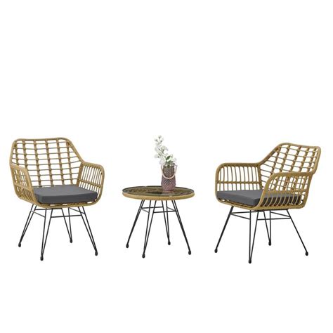 Jushua 3 Piece Rattan Patio Conversation Set Round Glass Top Table And