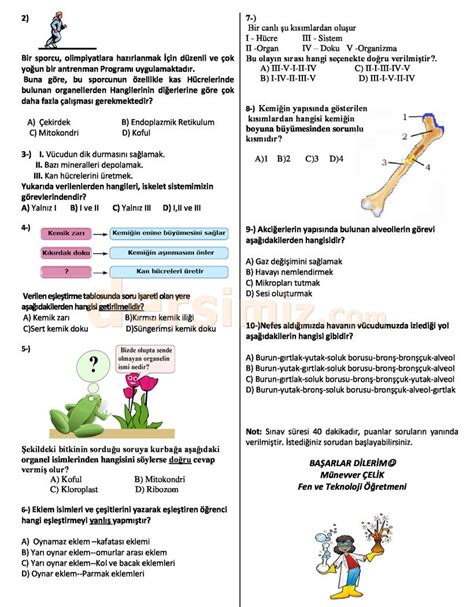 6 Sınıflar fen bilimleri dersi 1 dönem 1 yazılı sınav soruları