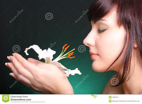 Brunette With White Lily Flowers Stock Image Image Of Brunette Care