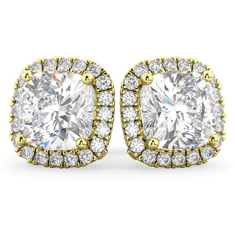 Halo Cushion Cut Diamond Stud Earrings K Yellow Gold Ct Ad