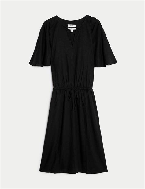 Linen Blend V Neck Knee Length Swing Dress