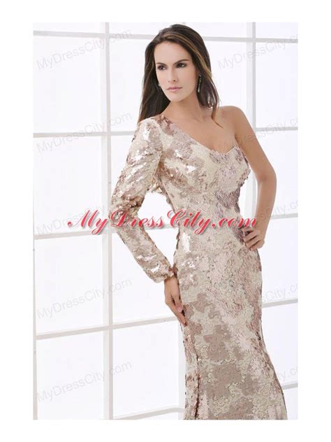 Champagne One Shoulder Lace Long Sleeve Prom Dress With Sequins