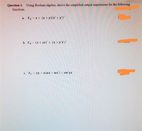 Solved Question 1 Using Boolean Algebra Derive The Chegg