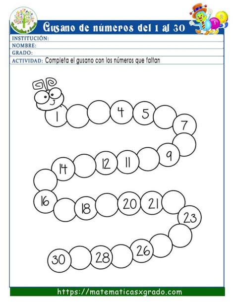 Gusano de números para imprimir y completar