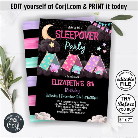 Sleepover Birthday Invitation Slumber Party Glamping Invite Etsy