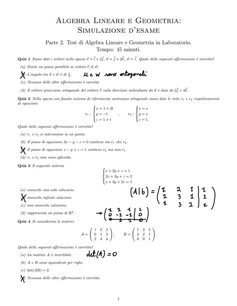 Simulazione Esame Algebra Algebra Lineare E Geometria Simulazione D