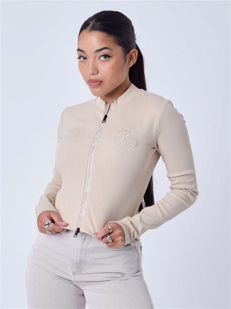 High Neck Zip Up Sweatshirt Beige