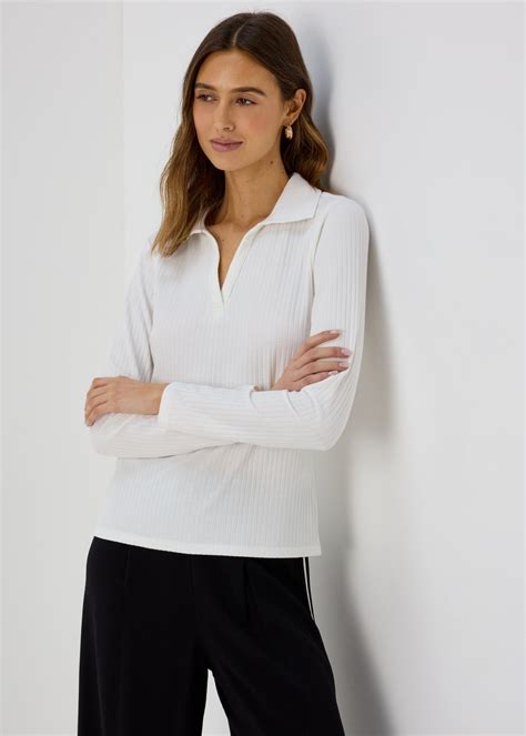 Et Vous Ivory Long Sleeve Collar V Neck T Shirt Matalan