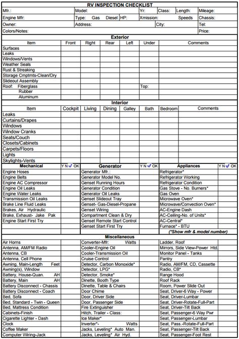 Printable Rv Inspection Checklist