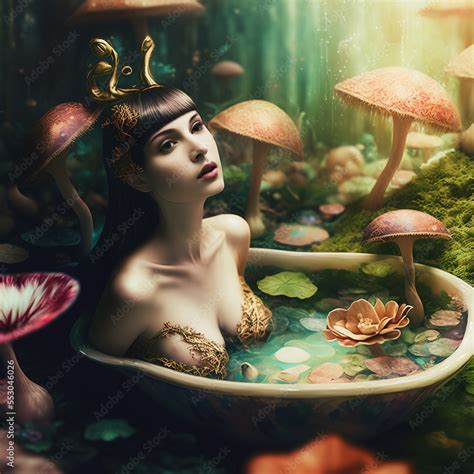 Beautiful Brunette Woman Takes A Psilocybin Bath During Her Mushroom Trip Surrounded By A