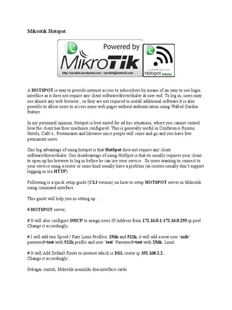 Mikrotik Hotspot Quick Setup Guide | PDF | Ip Address | Communications ...