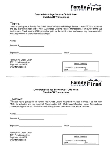 Fillable Online Overdraft Privilege Service OPT IN Form Check ACH