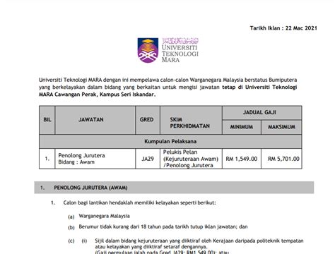 Jawatan Kosong Tetap Di UiTM Seri Iskandar Untuk Dimohon Tarikh Tutup