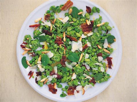 Broad Bean And Crispy Pancetta Salad With A Pea Pecorino And Mint Dressing Recipe Pancetta