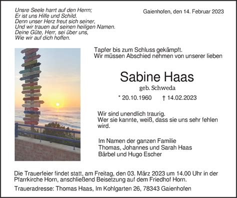 Traueranzeigen Von Sabine Haas ZVW Trauer