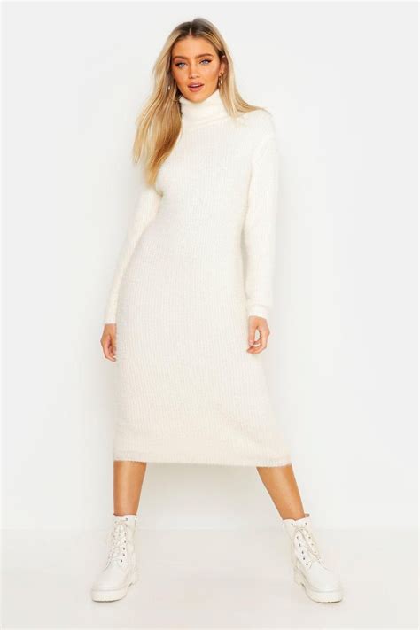 Womens Soft Knit Roll Neck Midi Sweater Dress White M Long Sleeve