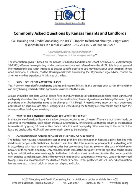 Fillable Online Commonly Asked Questions By Kansas Tenants And