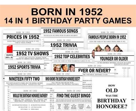 1952 Birthday Games Bundle Instant Download Adults Party Activity Ideas