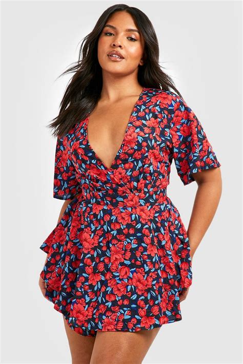 Plus Floral Wrap Skort Romper Boohoo