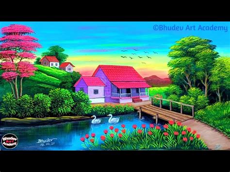 Beautiful Mountain Village Scenery Painting With Earthcolor How To Draw