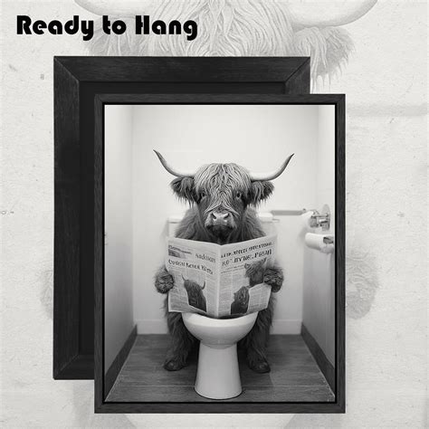 Funny Highland Cattle Animal Framed Wall Art Toilet Room Decor Black