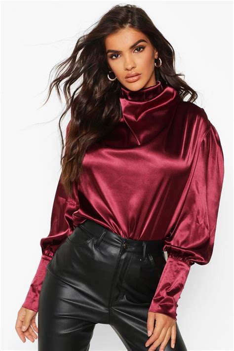 Satin High Neck Oversized Blouse Oversized Blouse Metallic Blouses