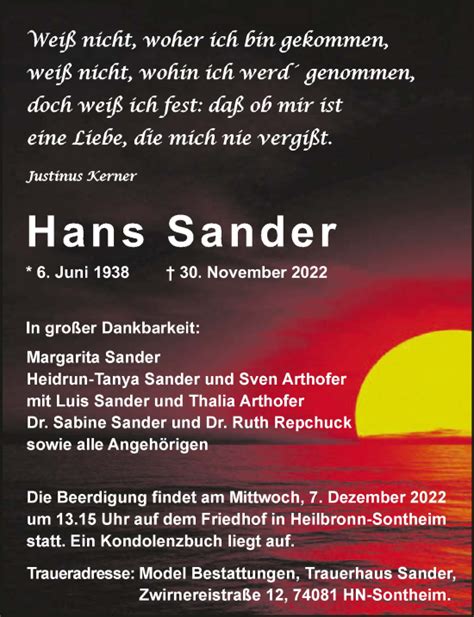 Traueranzeigen Von Hans Sander Trauerundgedenken De