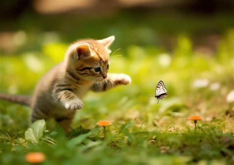 Premium Photo | A cute kitten chasing butterfly