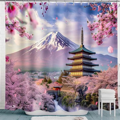 Japanese Cherry Blossom Shower Curtain With Sakura Tree Castle And