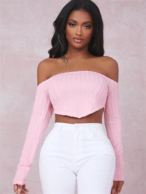 Shein Sxy Off Shoulder Textured Crop Tee Shein Uk