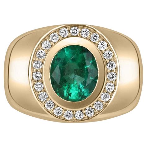 Mens 14k Gold Bezel Set 4 Carat Oval Cut Natural Emerald And Baguette