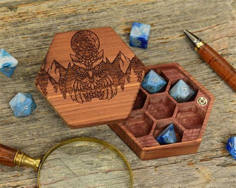 Hex Chest Dice Box Clan Of Owlbear On Aromatic Cedar Elderwood Academy