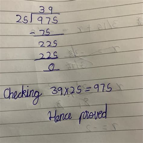 975 Divided By 25 In Long Division Method And Check Your Answer