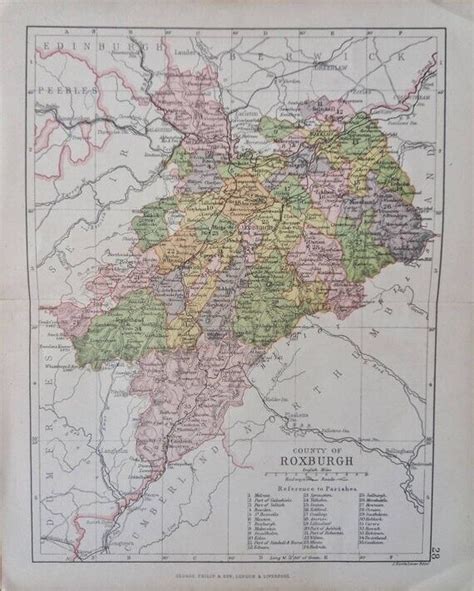 1902 Map Of Roxburgh Shire County Scotland 121 Years Old Melrose