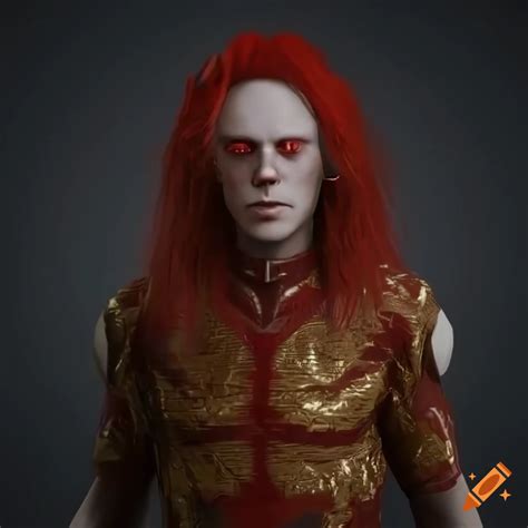 Sci Fi Elf Man With Red Hair And Eyes In Futuristic Attire Against A