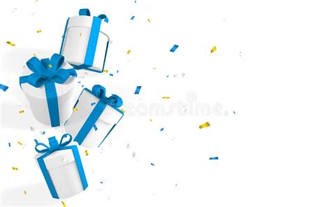 D Realistic Paper White Gift Boxes With Blue Ribbon And Bow Paper