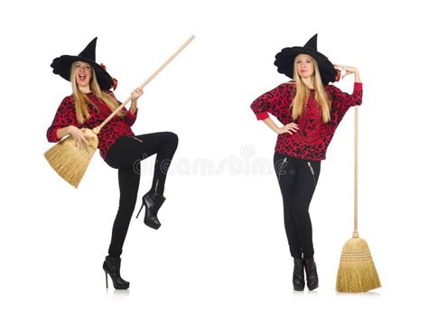 Funny Witch with Broom Isolated on White Stock Image - Image of holiday, household: 176680681