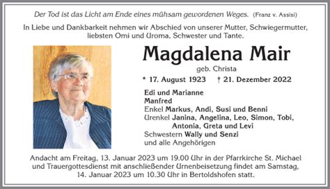 Traueranzeigen von Magdalena Mair Allgäuer Zeitung