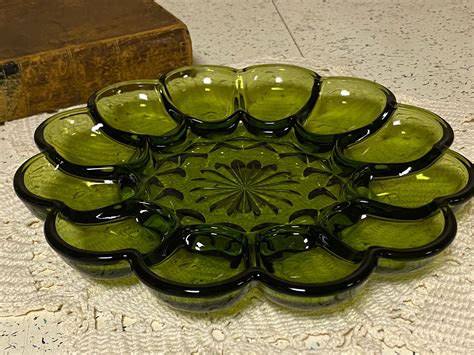 Vintage Egg Plate Green Color Pressed Glass Plate Deviled Etsy