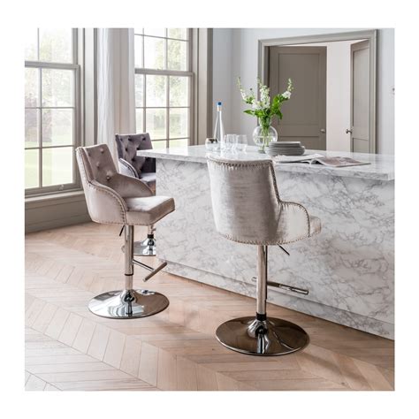 Arianna Adjustable Bar Stool In Champagne Velvet With Silver Studs