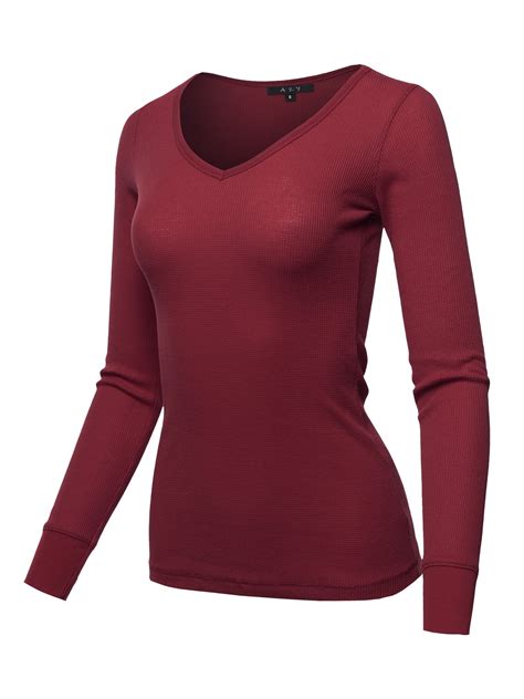 A2y Women S Basic Solid Long Sleeve V Neck Fitted Thermal Top Shirt Burgundy L