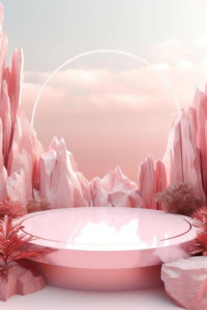 Paisaje De Cristal Rosa Surrealista Con Portal Circular Brillante