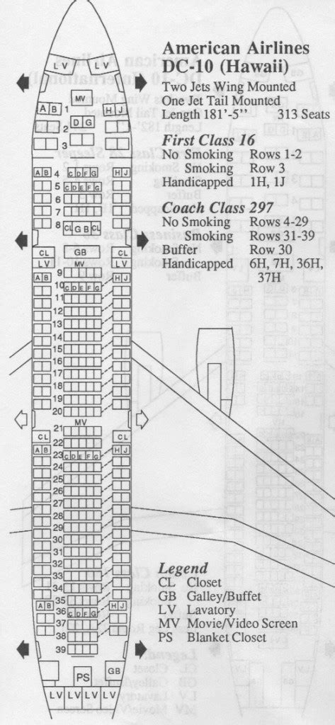 Vintage Airline Seat Map: American Airlines DC-10 (Hawaii) from 1987 ...