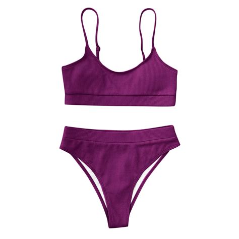 Women Sexy Swimsuit Bikini Set Two Piece High Waisted Solid Color