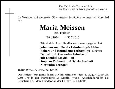 Traueranzeigen Von Maria Meissen Trauer In NRW De