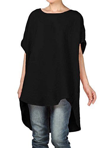 Vogstyle Damen Baumwoll Leinen Tunika Plus Größe Bluse Tops Schwarz