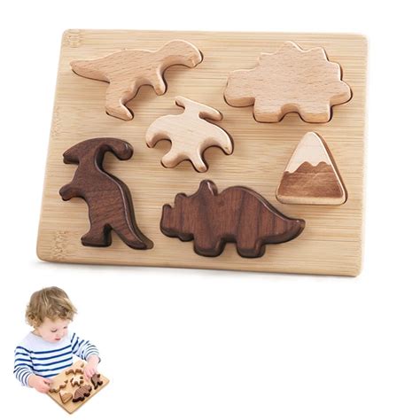 Set Montessori Wooden Puzzle Toy D Dinosaur Stacking Blocks Geometric