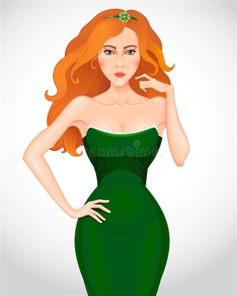 Beautiful Redhaired Woman In Green Dress Vector Stock Vector