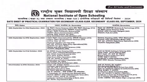 NIOS Date Sheet 2024 OUT For Theory Check NIOS October Exams Dates